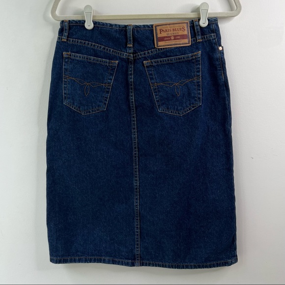 Vintage Y2K high waisted jeans skirt below knee front slit dark denim Sz3 - Picture 3 of 14